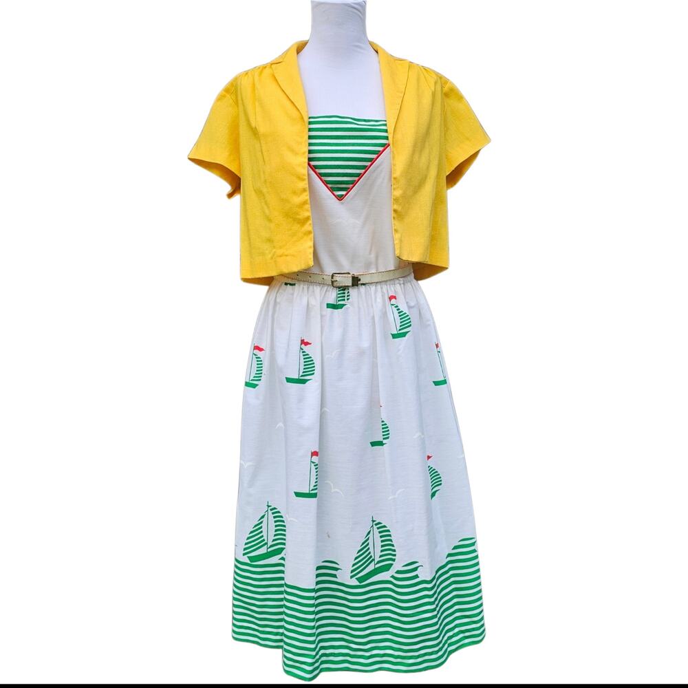 Green White Sailboat Print Dress Yellow Jacket Belt Jenni Vintage VTG Size 8
